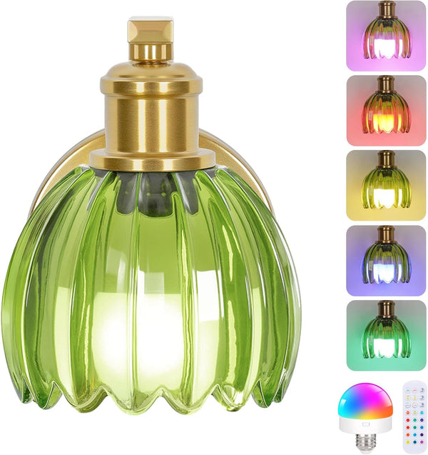 VerRon Rechargeable Battery Operated Wall Sconce with Green Glass Lampshade, Wireless Wall