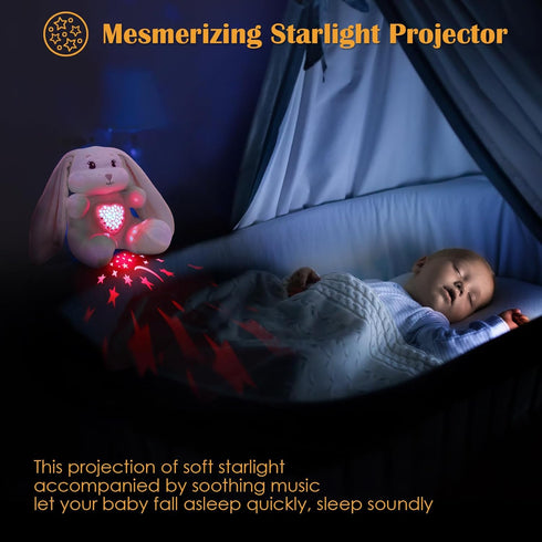 Baby Sleep Soother Bedtime Bunny Toy with Cry Sensor, Moms Heartbeat Lullabies White Noise, Starlight Projector
