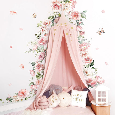 decalmile Large Pink Flower Wall Decals Hanging Vine Floral Wall Stickers Baby Nursery Girls Bedroom Living Room Wall
