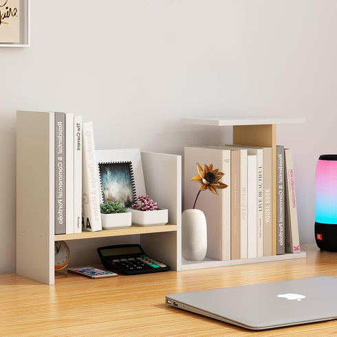 Small Desktop Bookshelf, White Desk Organizers and Storage, Expandable Desk Organization Shelves, Adjustable Narrow