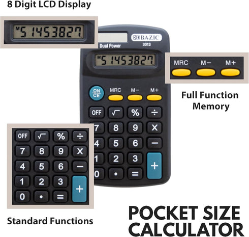 BAZIC 8 Digit Pocket Size Calculator, Dual Power, LCD Display, Mini Standard Function, Black