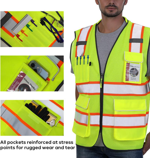 Reflective Safety Vest Yellow Mesh, High Visibility Vest with Pockets, Zipper, Padded Neck, ANSI Class 2, Yellow with