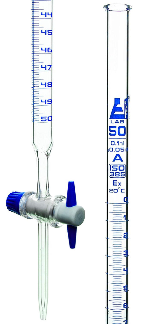 EISCO Burette, 50ml - Class A, ±0.05ml Accuracy, Borosilicate Glass with Straight Bore PTFE Stopcock and 0.1ml Blue