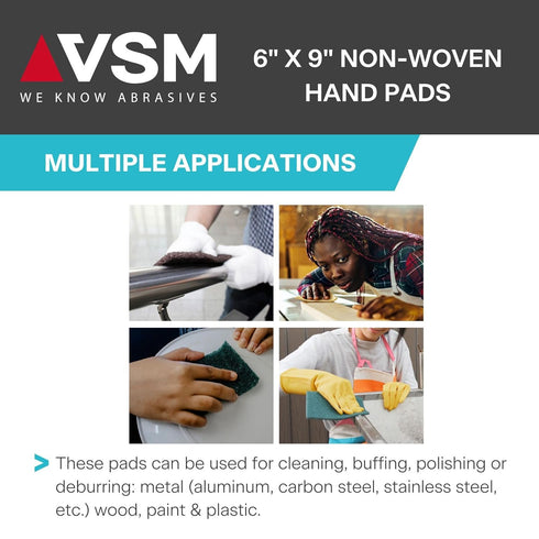 VSM 10-Pack 6" x 9" Ultra Fine Non-Woven Hand Pad, Silicon Carbide Grains, Multipurpose Abrasive Scrub Pad