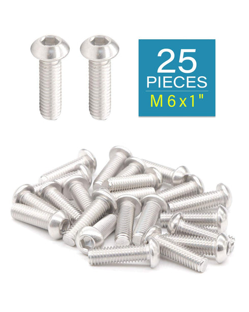 M6 x 1" Button Head Socket Cap Bolts Screws (25pcs), 18-8 Stainless Steel 304 Allen Hex Drive Machine Screw