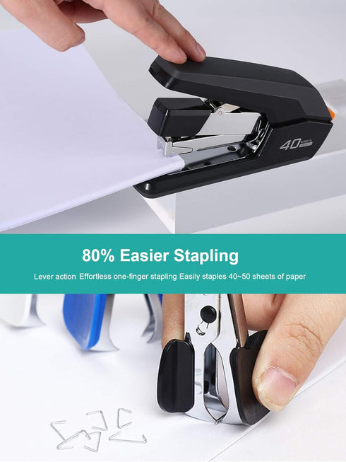 Deli Effortless Desktop Stapler, 40 Sheet Capacity, One Finger Touch Stapling, Ergonomic Heavy Duty, Includes 1500