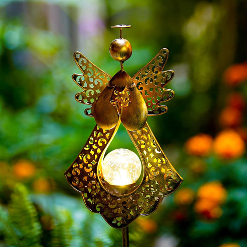 40.5 inches Starryfill Angel Stake Solar Lights with Crackle Glass Globe Waterproof Warm White LED, Height Metal Bronze