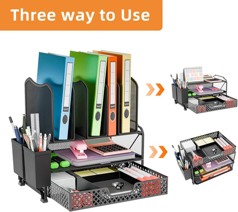 Simple Trending Black Desk File Organizer with Sliding Drawer, Metal Mesh Double Tray & 5 Upright Section Sorter