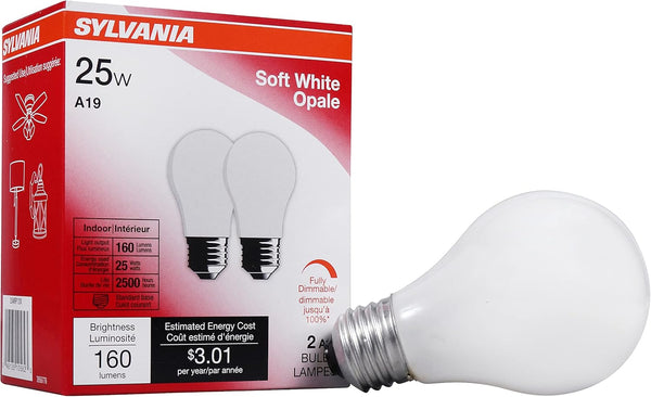 Sylvania Incandescent Light Bulb, 25W A19, Dimmable, Medium Base, 160 Lumens, 2850K,