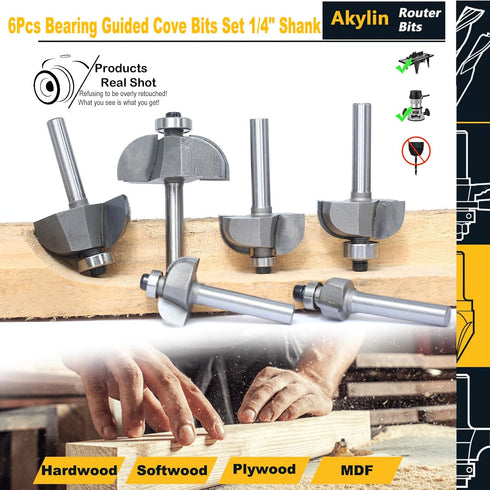 6pcs Set,1/4" 1/8",3/16",5/16",3/8",7/16", 1/2",Cove Cove Router Bit Shank,Radius and Edging Cutter for Wood Edge