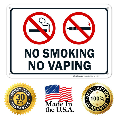 No Smoking No Vaping Sign - 10x7 Inches, Rust Free Aluminum, Fade Resistant, Made in USA