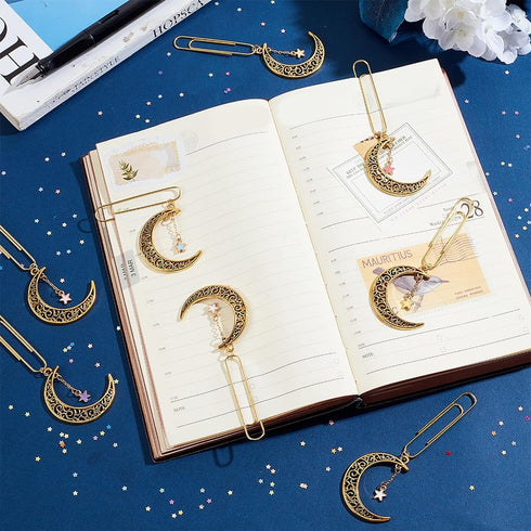 OLYCRAFT 12Pcs Moon and Star Paperclips, 3.8 Inch Alloy Pendant Clips for Document Sorting