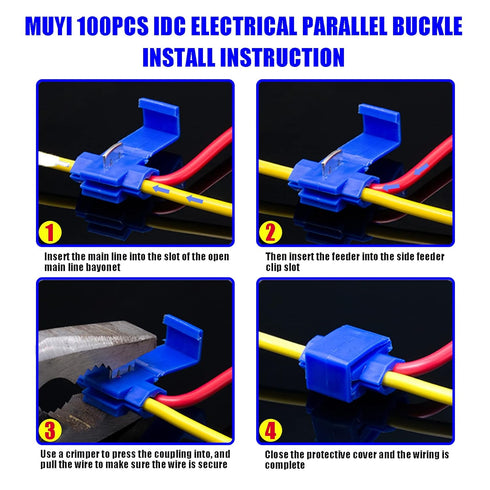 MUYI 100Pcs Blue Double Run or Tap IDC Quick Splice Electrical Tap Solderless Wire Connectors 18-16 AWG (Solid/Stranded)