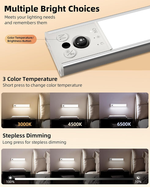 12inch 3 Dimmable Closet Counter (2 Pack) EZVALO Under Cabinet Lighting, Rechargeable Motion Sensor Light Indoor