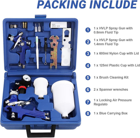 2-in-1 (1.4mm 600ml 0.8mm 125ml) Toolbox Professional HVLP Gravity Feed Spray Gun Kit + with Locking Pressure Regulator