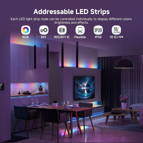 WS2811 16.4FT/5M DC24V 630LEDs/M IP30 SEZO RGB Smart IC COB LED Strip Lights IC Addressable Dream Color Chasing High