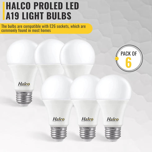 Halco ProLed A19 LED Light Bulbs, 60W Equivalent, Non-Dimmable, Frosted 120V, 9W, 720 Lumen, 6 Pack