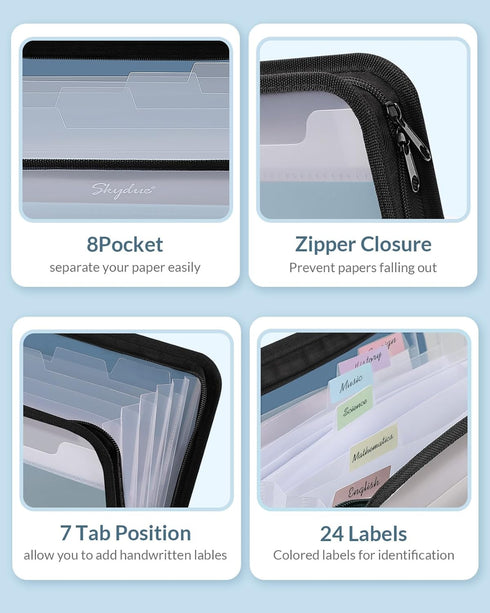SKYDUE 7 Pocket Accordion File Organizer, Letter Size Expanding Folder with Front Pocket, Double Zipper