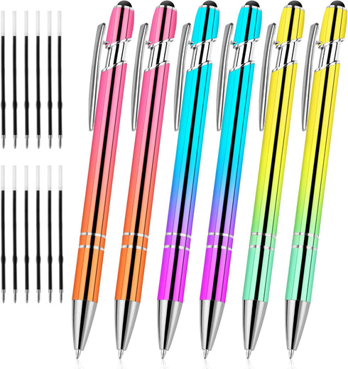 AUAUY 6PCS Ballpoint Pens, 2 in 1 Stylish Metal Stylus Pen with 12 Refills, Black Ink Medium Point