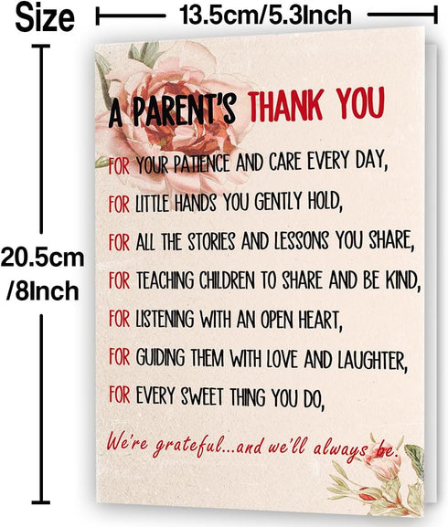 LiuuLi A Parent's Thank You Card, Heartfelt Appreciation Poem Gift for Nursery School, Preschool, Kindergarten