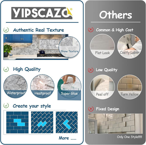 Yipscazo Peel and Stick Backsplash 3 x 6 Inches, 3D PVC Composite Wall Tile for Kitchen Bathroom, 100 Pieces Gray