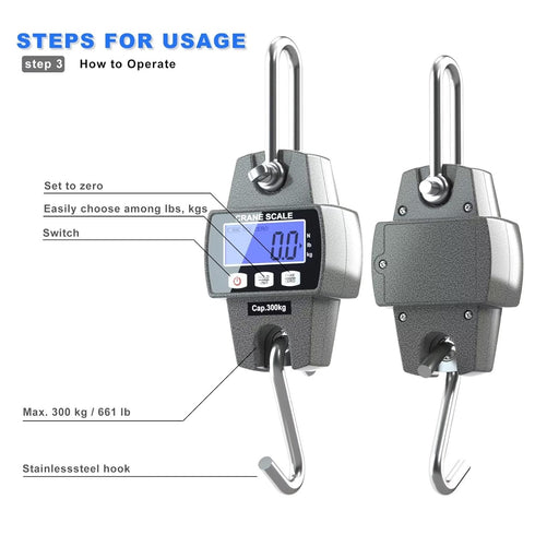 300kg / 660lb Portable Digital Crane Scale with Hooks, High Accuracy Game Scale for Farm Hunting Fishing (Black)