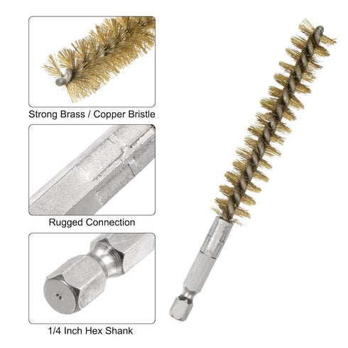 5Pcs Bore Brush, Brass 15mm Dia Cleaning Twisted Bronze Wire Brush with Handle 1/4 Inch Hex Shank