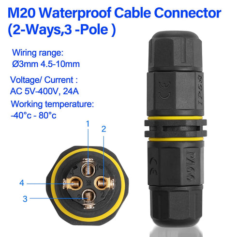 IP68 Waterproof Electrical Cable Connector Outdoor Waterproof M20 4 Pole Plug Connector Wire Range(3.5-10mm) for Outdoor Led Lighting Street Lamps and Street Landscape Lights 2Pcs