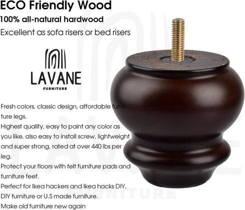 La Vane 3 Inch 4PCS M8 8cm Classic Bun Feet, Solid Wood Furniture Legs with Bolts & Mounting Plates Small Size