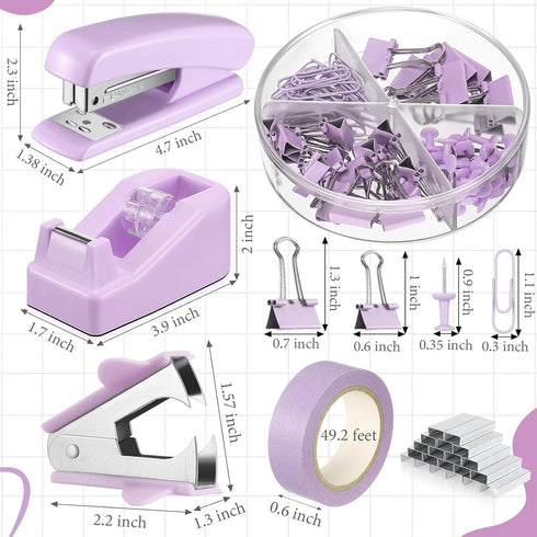 Office Supplies Set Desk Accessory Kit Include Stapler, Staples, Staple Remover, Tape Dispenser, 22 Binder Clips, 30 Paper Clips, 20 Push Pins, 2 Rolls Tape, for Women Christmas Gift (Purple) by Sabary