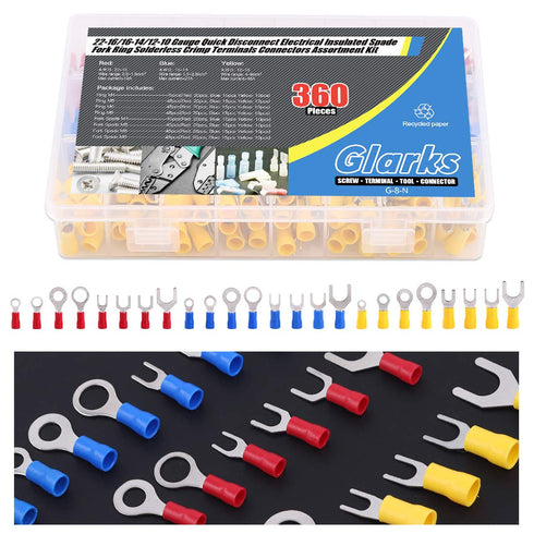 Glarks 360pcs Quick Disconnect Electrical Insulated Spade Fork Ring Solderless Crimp Terminals Connectors Assortment