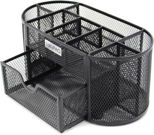 EasyPAG Desk Organizer Mesh Desktop Office Supplies Multi-functional Caddy Pen Holder Stationery with 8 Compartments and 1 Drawer,Black by EasyPAG