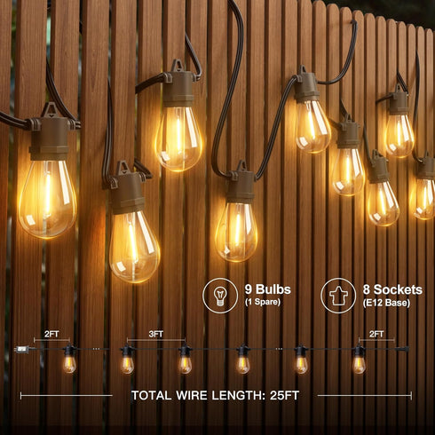 25FT Bulbs, Commercial addlon LED Outdoor String Lights with Edison Shatterproof Heavy-Duty and Weatherproof Strand