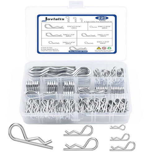 Cotter Pins, 220PCS R Clips Heavy Duty Zinc Plated Spring Fastener Assortment Kit for Hitch, Lawn Mower