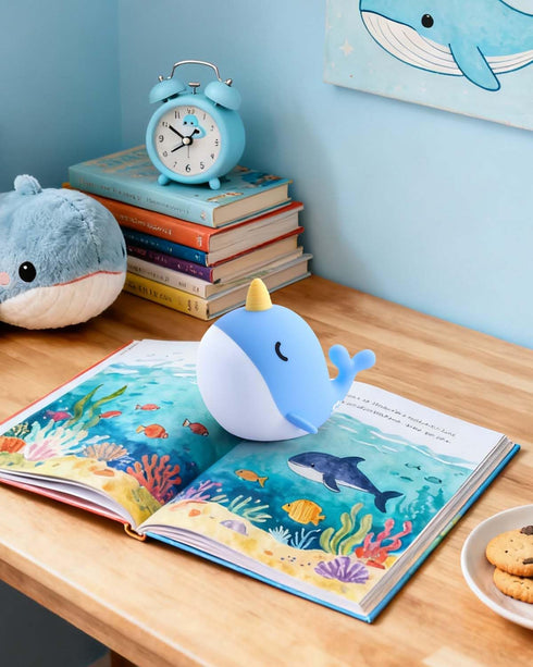 30-Min Fuloon Narwhal Night Light with Whale Shape, Squishy Silicone Kids Lamp, Safe & Soothing Touch Control for Kids