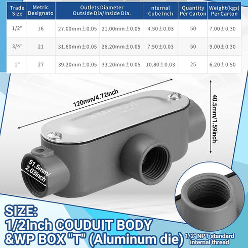Tandefio 4 Pcs Threaded T Type Conduit Body, Stamped Steel Cover, Die Cast Aluminum Junction Box (1/2 Inch)