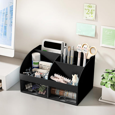 Desk Organizer with 6 Compartments and 2 Drawers, Plastic Makeup Organizer, Pen Holder for School, Home, Office Supplies