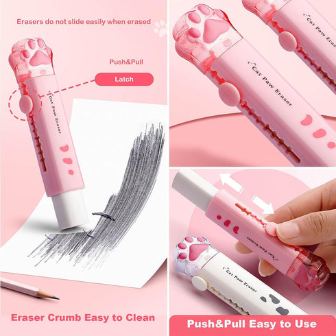 Doraking Cute Pink Kawaii Cat Paw Erasers, Retractable Rubber Push-Pull Erasers for Kids