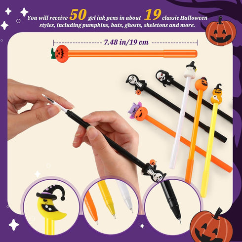 SANNIX 50 Pieces Halloween Pens, Fun Cartoon Gel Ink RollerBall Pens for Kids Gift School Class Birthday Party Supplies Halloween Party Favors Pumpkin Ghost Skull Bat (19 Style)
