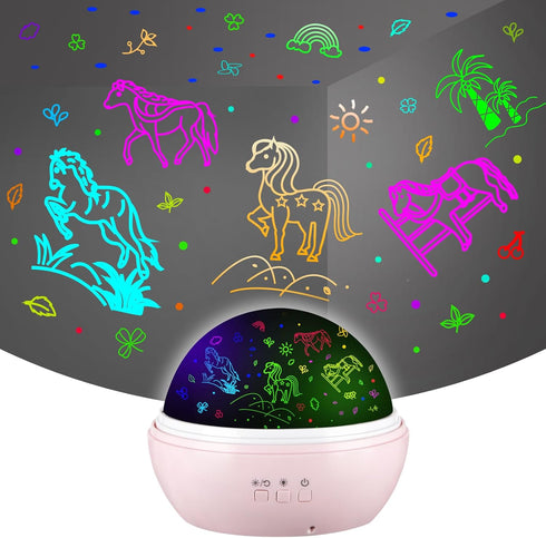 Cute Horses Projector with 10H Timer, RGBW LED Horse Night Light, 360 Rotation USB/Battery Operated Gifts for Kids