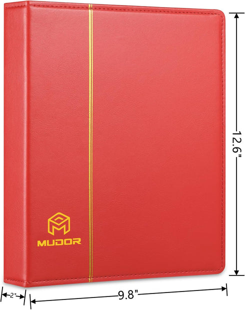 MUDOR Empty Premium PU Classic Binder, 4 Ring Binder Albums Stockbook for Stamps, Documents, Coins, Bank Notes (Red) by MUDOR