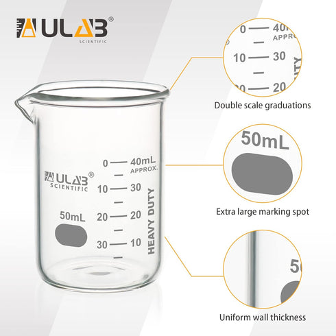 ULAB Heavy Duty Glass Beakers, 10pcs of 50ml (1.7oz), Borosilicate 3.3 Glass, Thick Wall with Double Scale