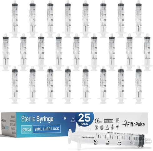 20 ml Syringe without Needle, 25 Pack Individually Wrapped Disposable Syringes for Medical and Lab Use
