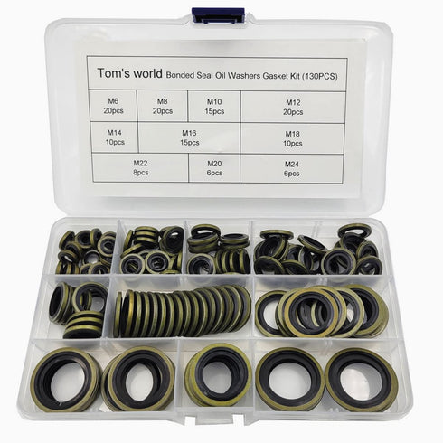 Tom's World 130Pcs Self-Centered Bonded Seal Oil Washers Gasket Assortment Kit for Plumbing and Automotive