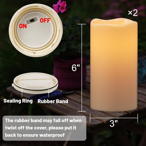 6" Eldnacele Solar Outdoor Flameless Candles Dusk to Dawn Waterproof Rechargeable White Plastic LED Flickering Pillar