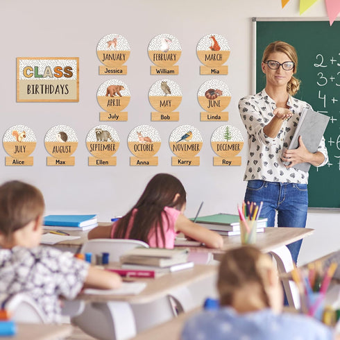 Back to School Birthday Bulletin Board Set, Summer Woodland Animals Class Birthday Stickers for School Calendar Decor