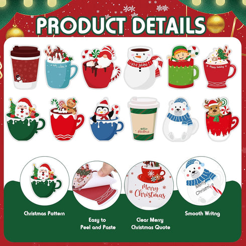 Pasimy 36 Pcs Christmas Sticky Notes, Xmas Self Stick Memo Pads, Coffee Cup Santa Notepad Set, Christmas Gift