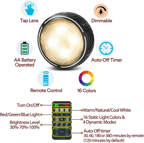 TECOMLIGHT Closet Counter 6 Pack LED Puck Lights with Remote Control, Battery Operated Wireless Light, Under Cabinet
