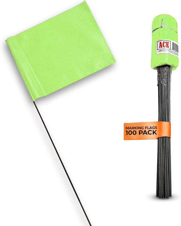 Fluorescent Lime Marking Flags 100 Pack, 4x5-Inch Marker Flags with 15-Inch Wire for Lawn, Irrigation, Landscape