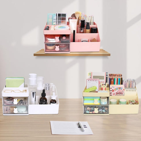 Desk Organizer, Makeup Organizer with 2 Drawers, 7 Compartment Storage for Women, Cute Bathroom Organization, Pink